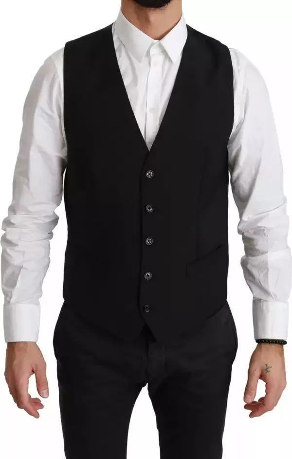 Black Stretch Waistcoat Formal Dress Wool Vest