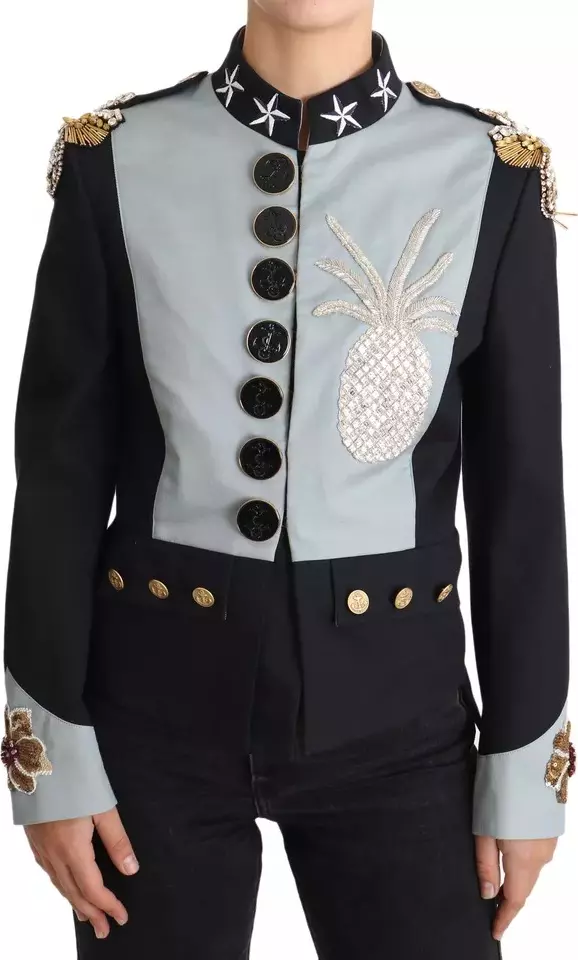 Blue Button Crystal Embellished Cotton Jacket
