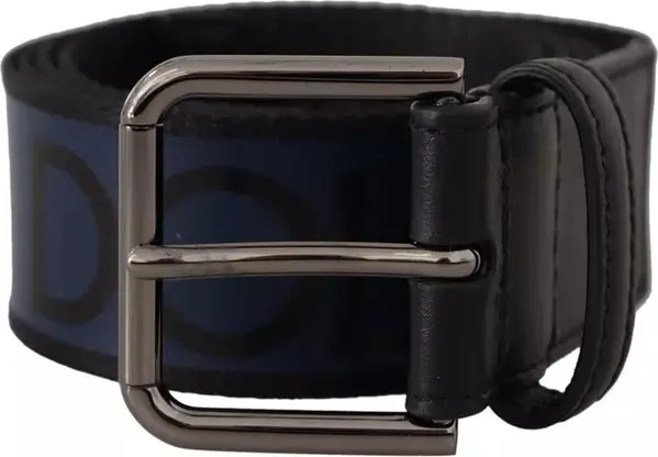 Blue Black Logo Print Silver Buckle Belt