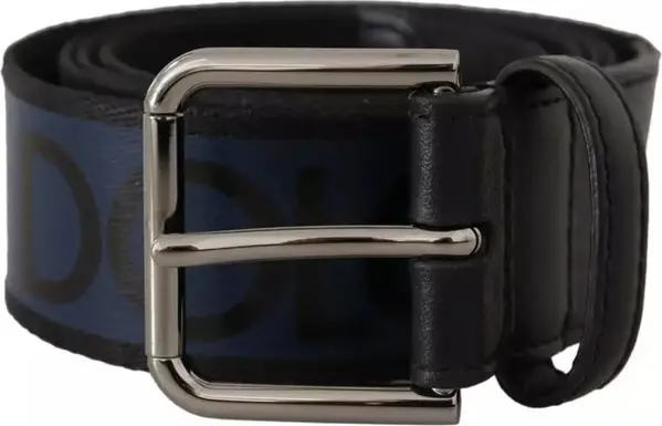 Blue Black Logo Print Silver Buckle Belt