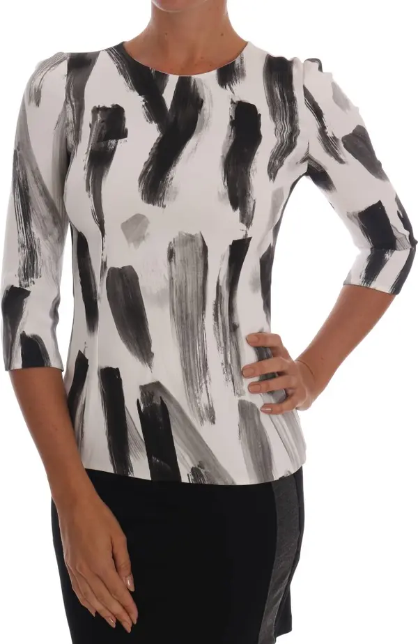 White Black Striped Printed Blouse Top
