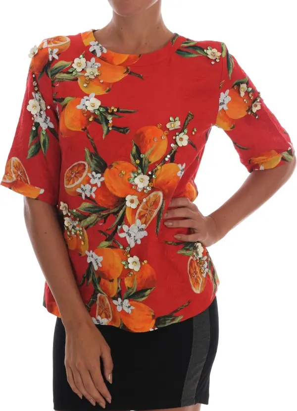Orange Print Crystal-Embellished Blouse