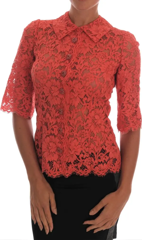 Orange Crystal Buttons Floral Lace Blouse