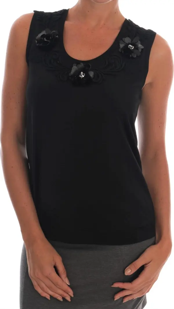 Black Cotton Floral Crystal Tank Top
