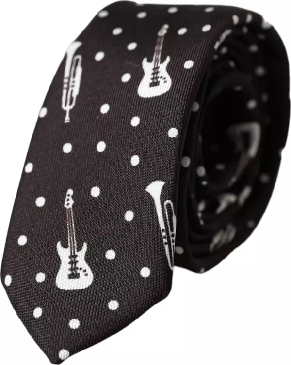 Black Guitar Print Silk Adjustable Tie