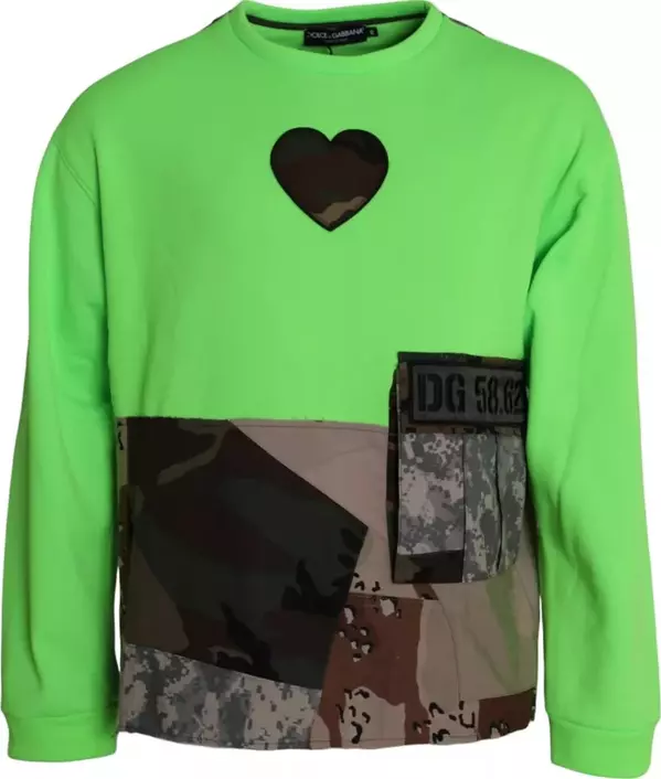 Green Patchwork Heart Crew Neck Pullover Sweater