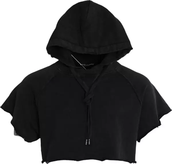 Black Cotton Hooded Short Sleeves Cropped T-shirt
