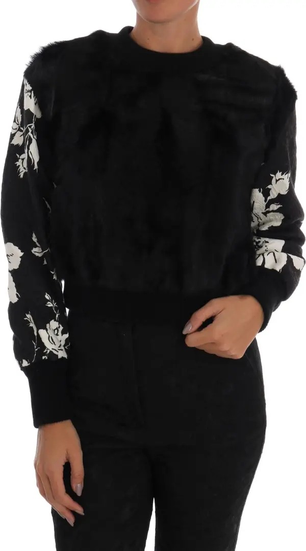 Black Fur Floral Brocade Zipper Sweater