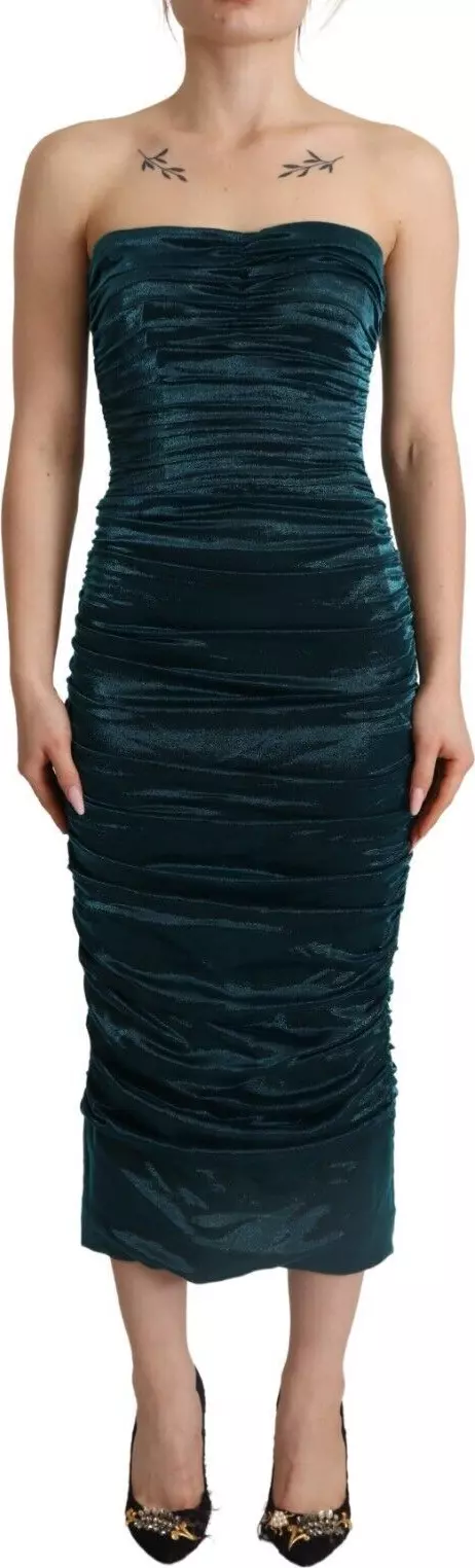 Turquoise Bustier Bodice Draped Midi Dress.