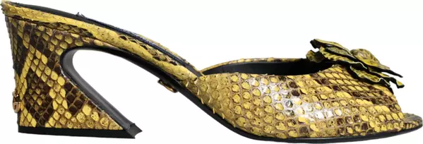 Yellow Leather Block Heels Slides Shoes
