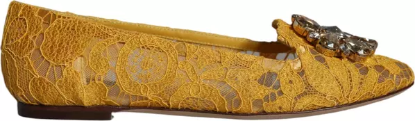 Mustard Lace Crystal Ballet Flats Loafer Shoes