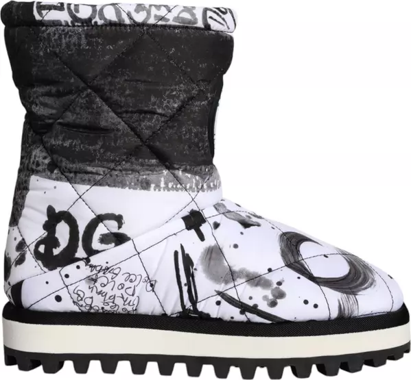 White Padded Logo Print Mid Calf Boots Shoes