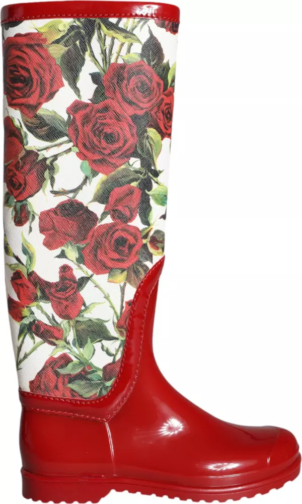 Red Floral Rubber Knee High Flat Boots Shoes