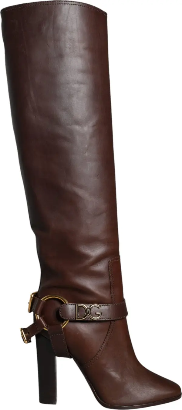 Brown Leather Gold Tone Logo High Boots Shoes