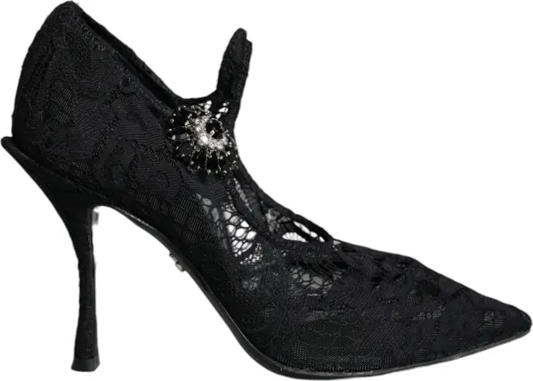 Black Mary Jane Pumps Lace Crystals Heels Shoes