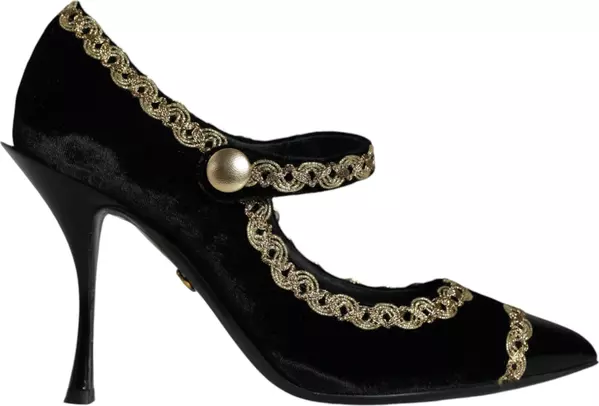 Black Mary Janes Velvet Gold Pumps Shoes