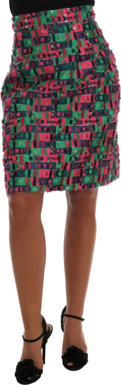 Pink Green Jacquard Pencil Skirt