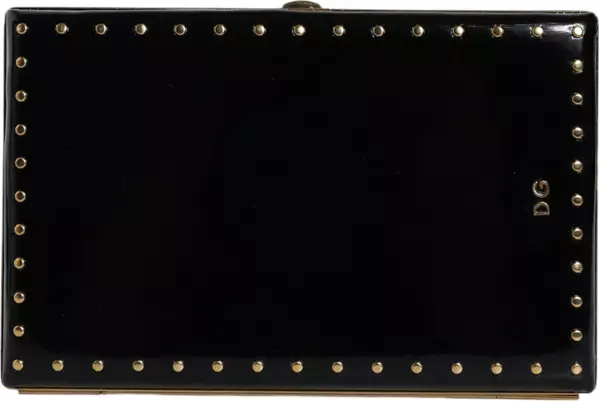 Black Leather Studs Gold Frame Clutch Evening Purse Bag