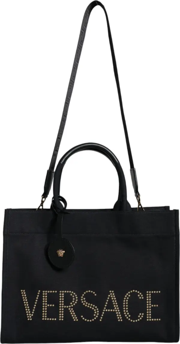 Black Top Handle Canvas Leather Logo Crossbody Tote Bag
