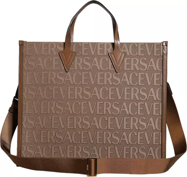 Brown Top Handle Jacquard Leather Logo Crossbody Tote Bag