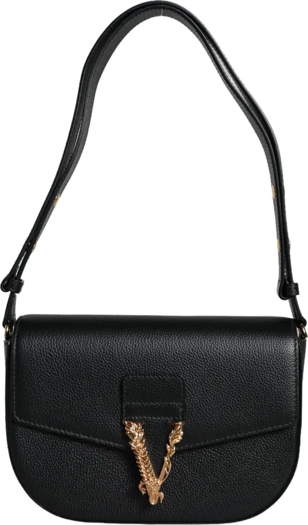 Black Grainy Calf Leather Logo Crossbody Shoulder Bag
