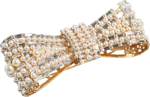 Gold Tone Brass Bow Crystal FauxPearl Embellished Brooch