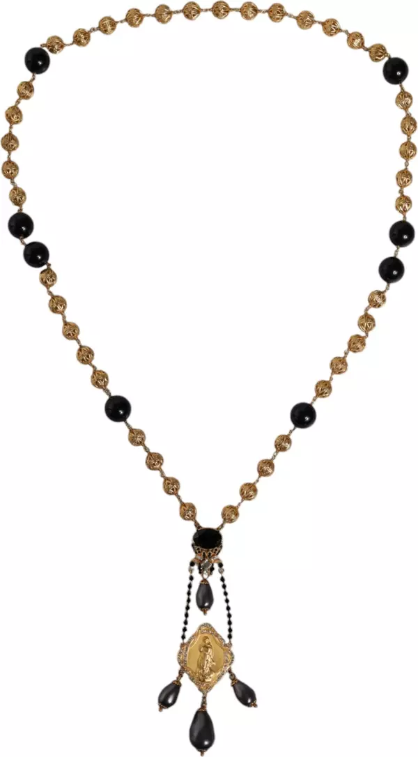 Gold Chain Brass Black Beaded Rosary Style Necklace