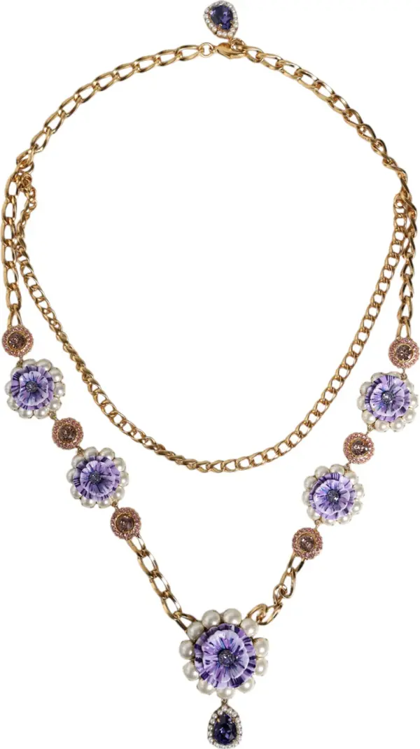Gold Tone Floral Crystals Embellished Layered Necklace