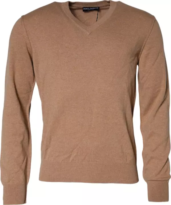 Brown Cashmere Knit V-neck Pullover Sweater