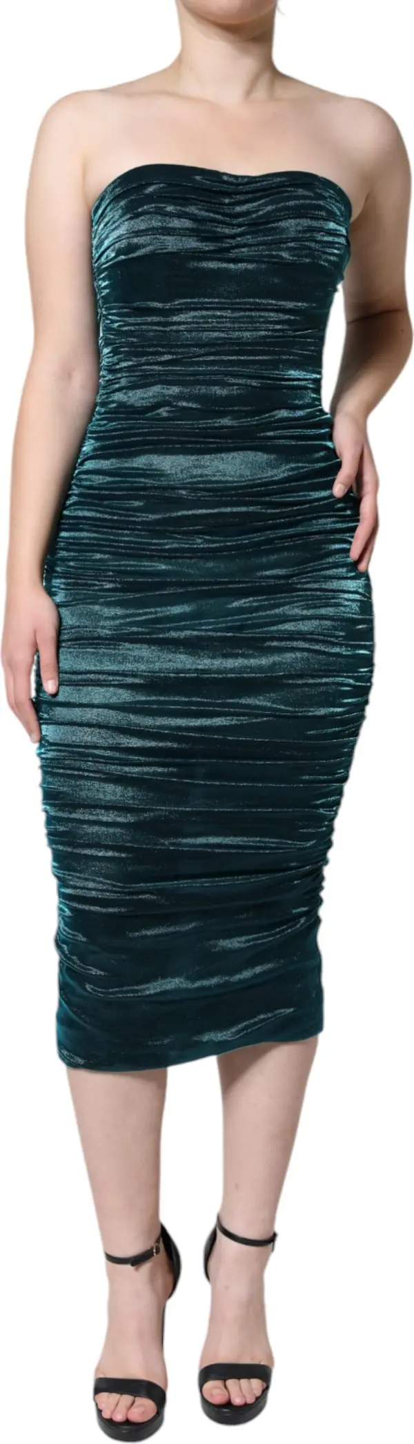 Green Silk Blend Satin Fitted Strapless Dress