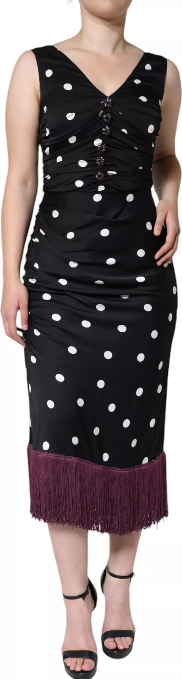 Black Silk Polka Dot V-neck Tassel Midi Dress