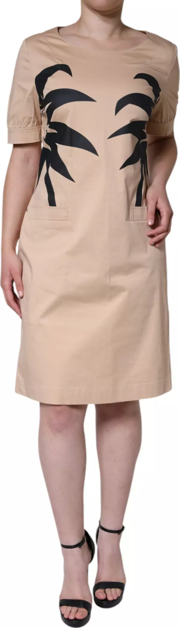 Beige Cotton Short Sleeve Knee Length Dress