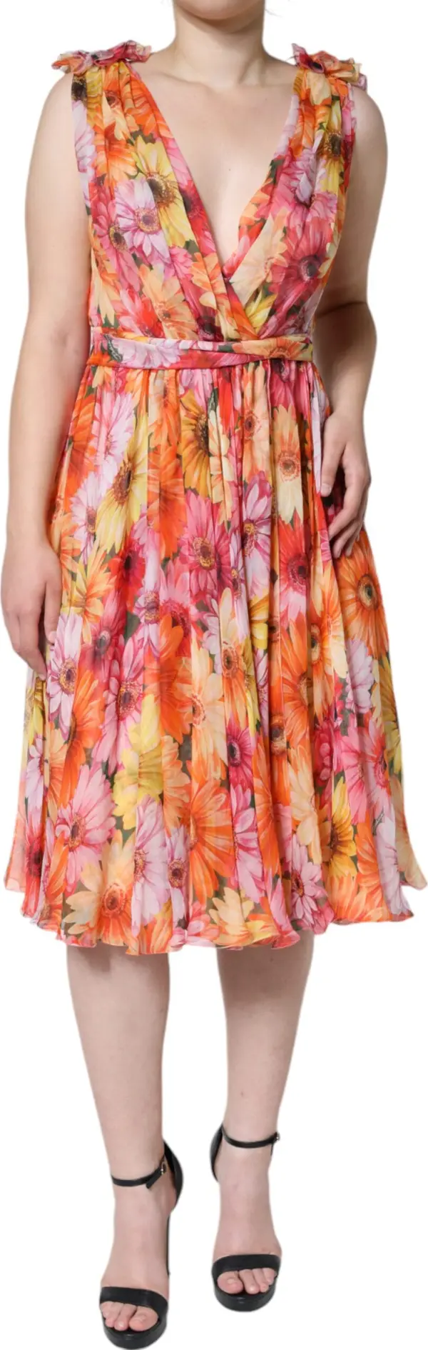 Multicolor Floral Sleeveless V-neck Midi Dress