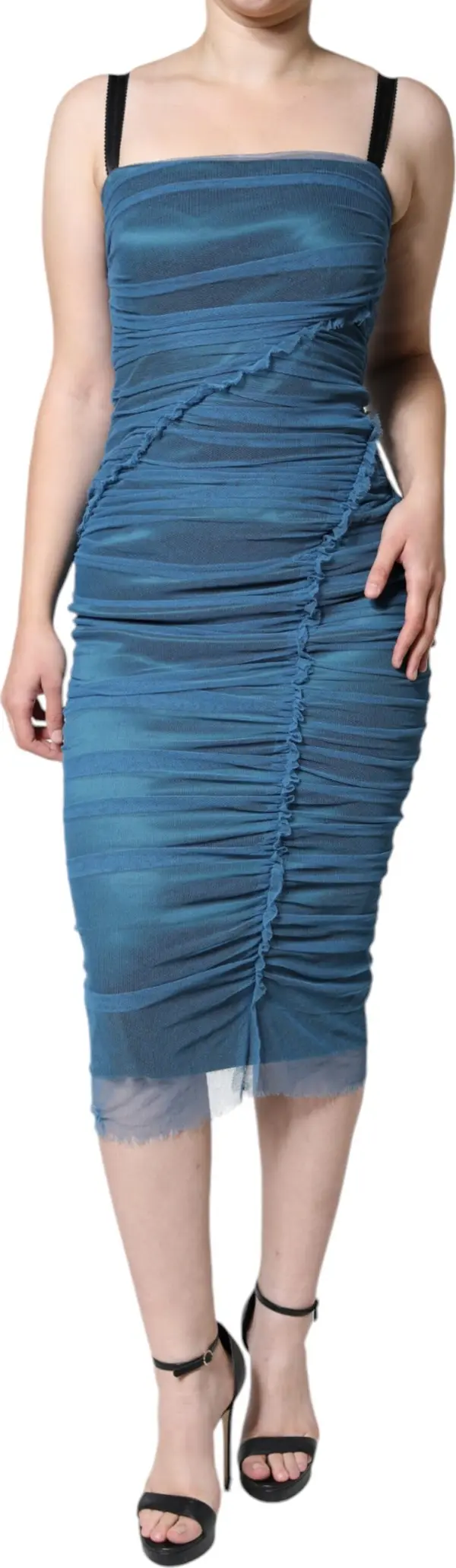Blue Mesh Trim Ruched Tulle Sheath Dress
