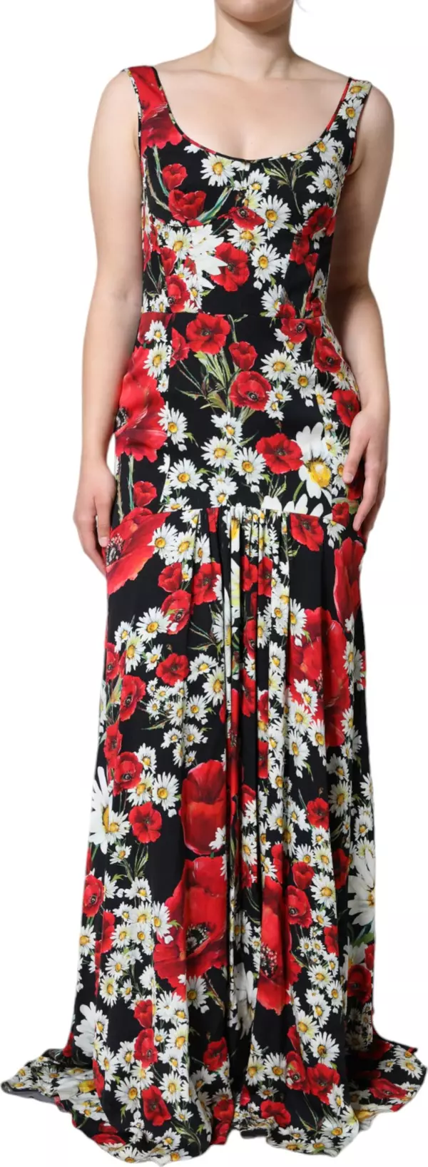 Black Floral Silk Sleeveless Long Gown Dress