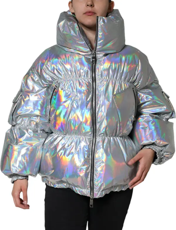 Silver Iridescent Puffer Full Zip Coat Jacket
