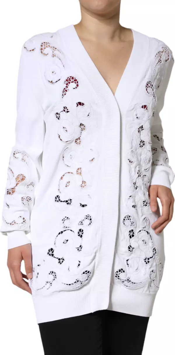 White Viscose Floral Cut Out Cardigan Sweater