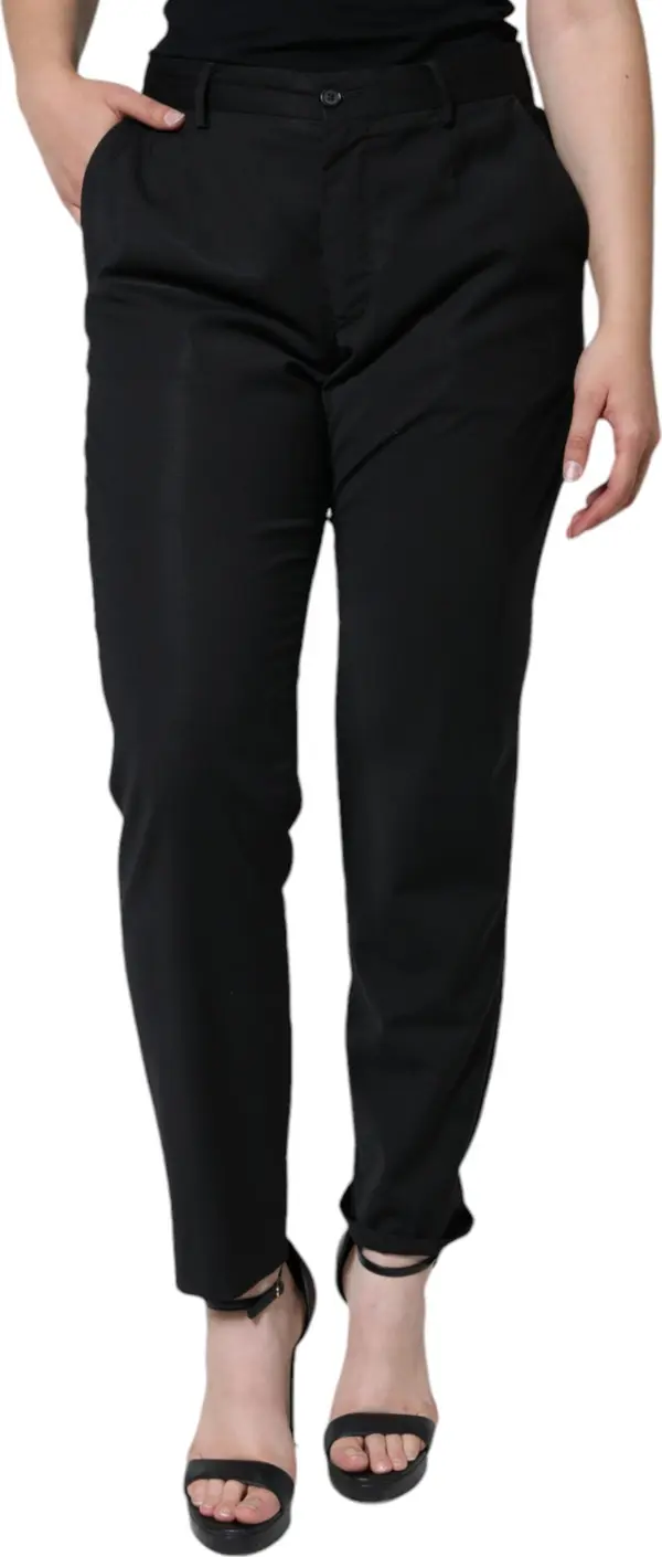 Black Polyester High Waist Tapered Pants