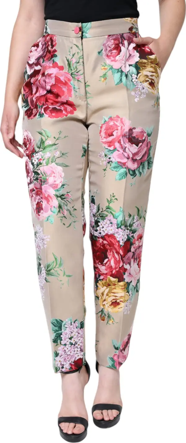 Beige Floral Jacquard High Waist Tapered Pants