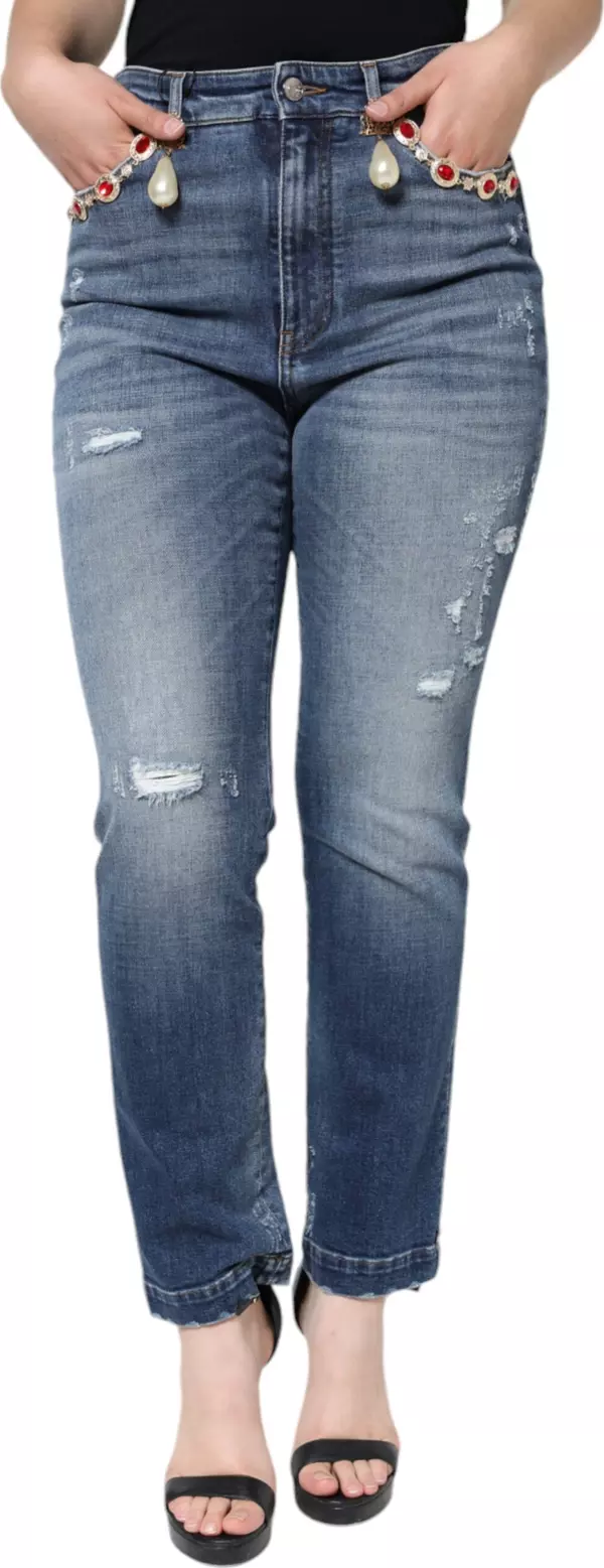 Dark Blue Cotton Tattered Skinny Denim Jeans
