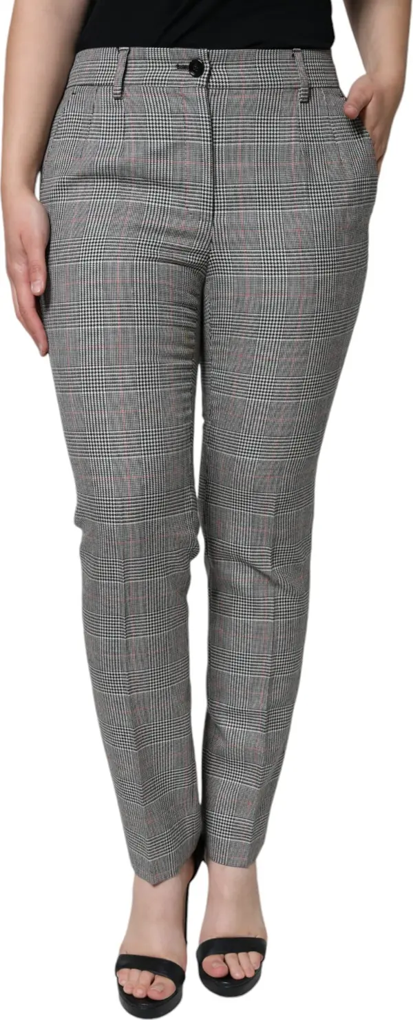 Gray Plaid Wool Mid Waist Women Tapered Pants