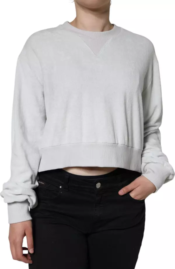 White Nylon Stretch Crew Neck Pullover Sweater