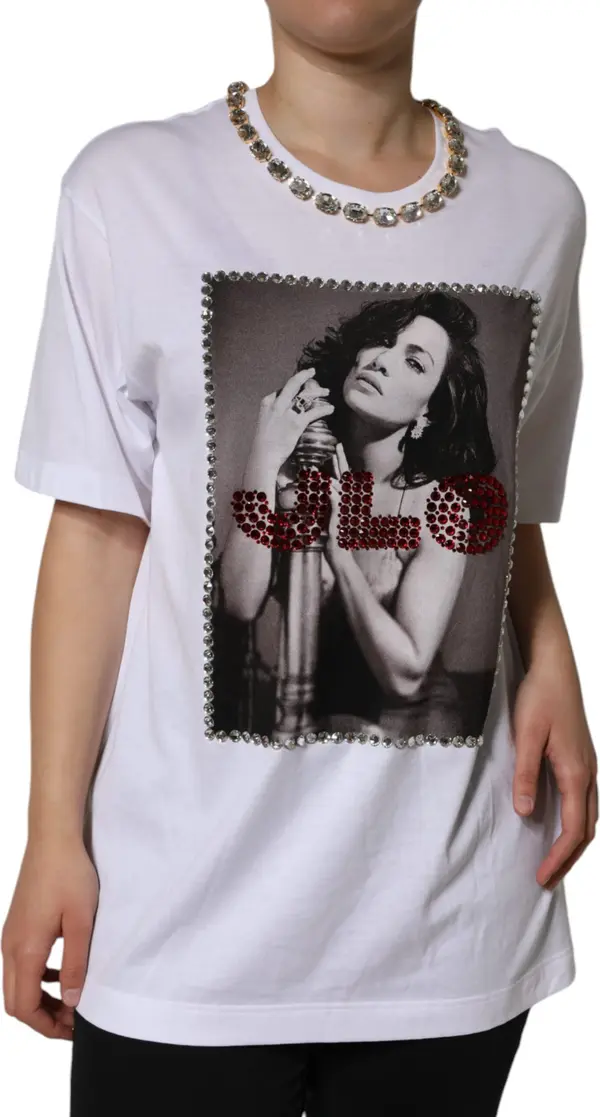 White Crystal Neckline Embellished Printed T-shirt