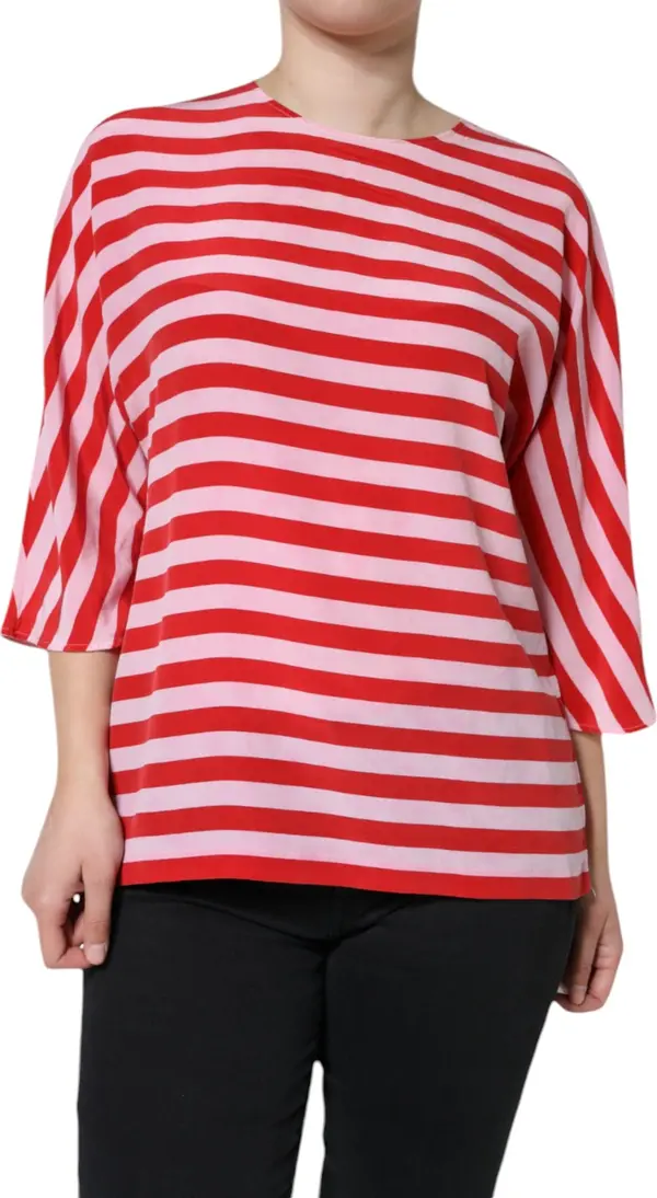White Red Striped Silk Round Neck T-shirt