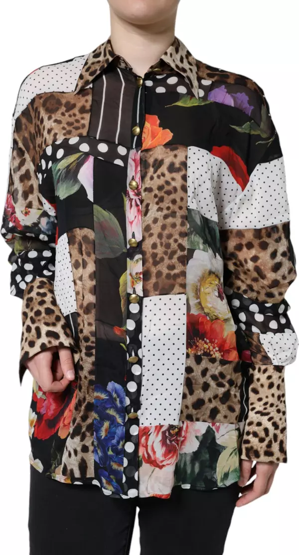 Multicolor Patchwork Silk Collared Blouse Top