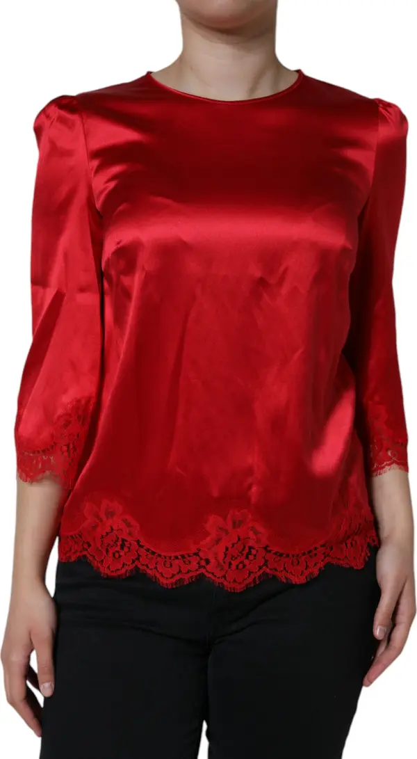 Red Satin Lace Trim Round Neck Blouse Top