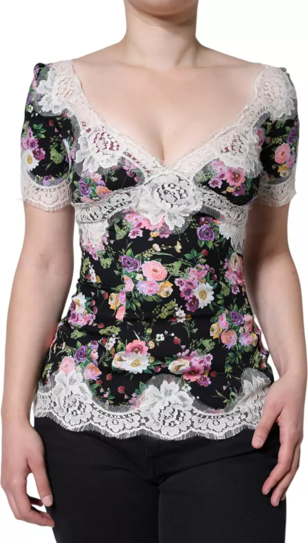 Black Floral Lace Short Sleeves Blouse Top
