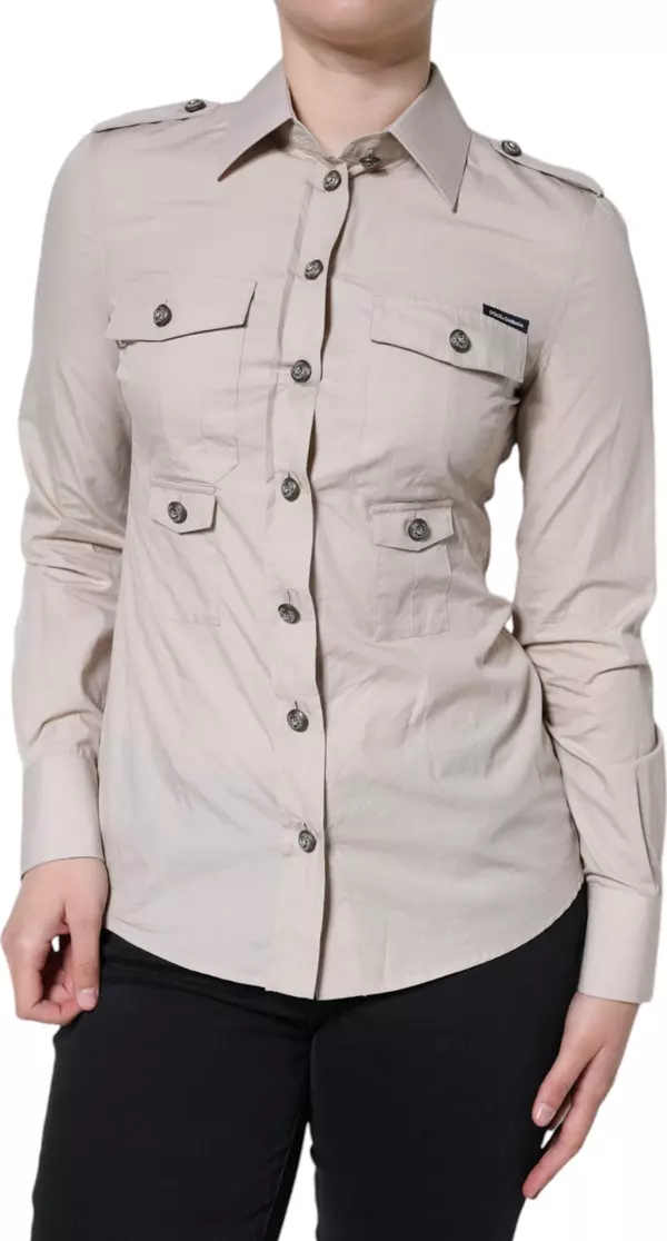 Beige Cotton Collared Button Down Shirt Top