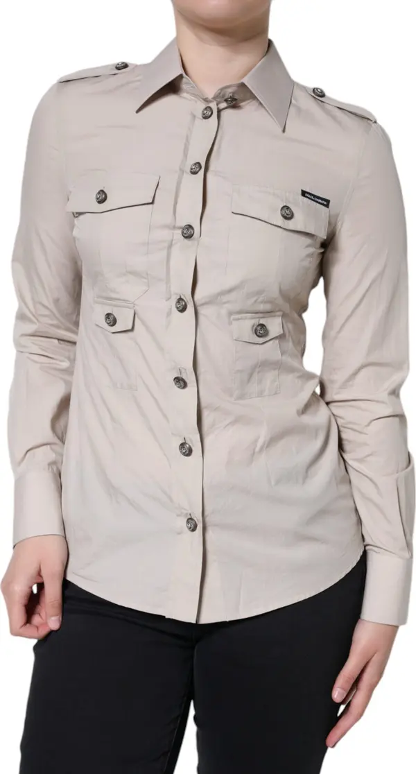 Beige Cotton Collared Button Down Shirt Top