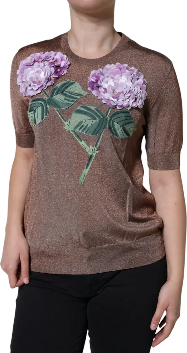 Brown Floral Applique Viscose Short Sleeve Top
